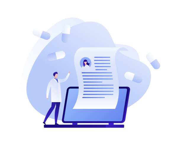远程医疗插图。医生与大笔记本电脑和处方。平的风格。图片下载