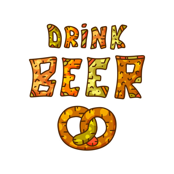 喝啤酒和椒盐卷饼。彩色涂鸦字体的海报图片下载
