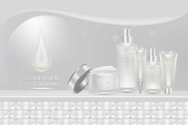 美容产品广告设计，白色化妆品容器与胶原蛋白溶液广告背景准备使用，奢侈护肤横幅，插图向量。图片下载