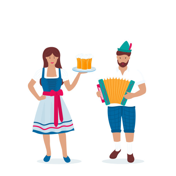 身着传统德国服饰的男女庆祝慕尼黑啤酒节。皮短裤,紧身连衣裙。一个戴着绿色帽子、拿着羽毛的人在拉手风琴。图片下载