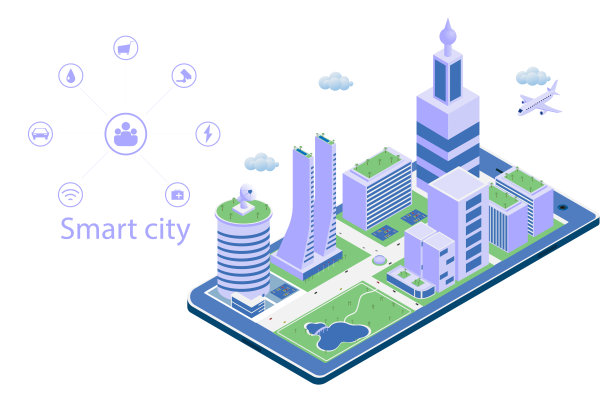 绿色环保电力等距智慧城市。智能手机上的现代建筑和停车场。矢量插图设计。图片下载