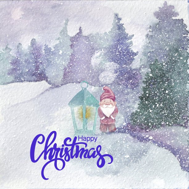新年快乐!手写的铭文。水彩圣诞插图与侏儒和灯笼图片下载