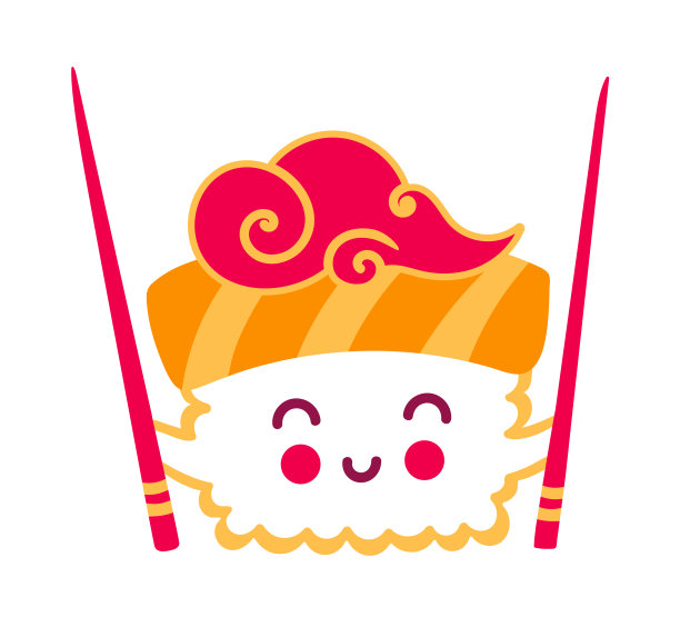 小卡哇伊寿司用筷子。可爱的卡通人物的标志，贴纸，别针，徽章。简单的矢量图。图片下载