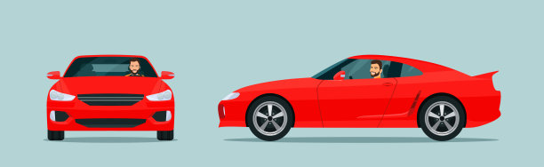 跑车两角套。驾驶人侧视图和前视图的汽车。矢量平面风格的插图。图片下载