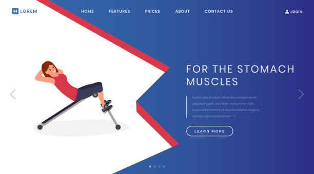 腹部肌肉练习登陆页面模板。健身俱乐部，健身网站首页界面创意平面矢量插图。腹部按压训练网页横幅，网页卡通概念图片下载