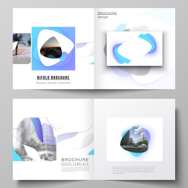 矢量插图布局的两个封面模板为方形设计双折宣传册，杂志，传单，小册子。蓝色渐变抽象动态形状，彩色几何模板设计。图片下载