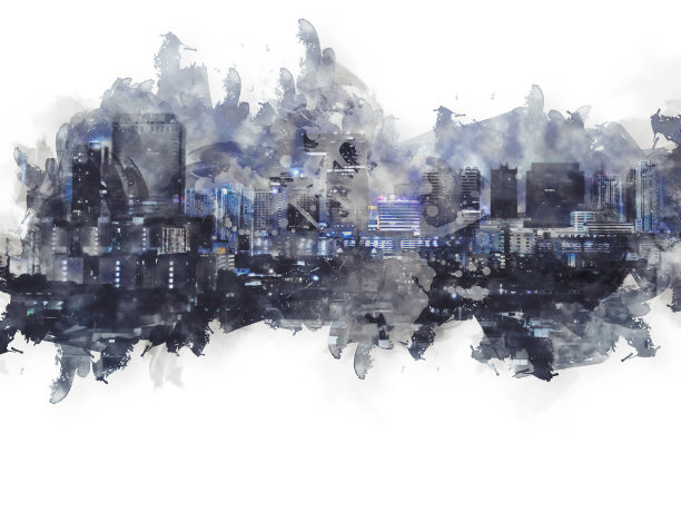 摘要以城市建筑为背景的水彩画。城市上的数字插画刷艺术。图片下载