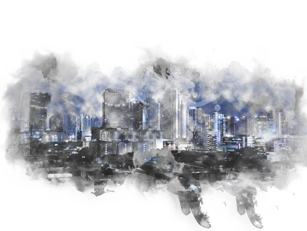摘要以城市建筑为背景的水彩画。城市上的数字插画刷艺术。图片下载