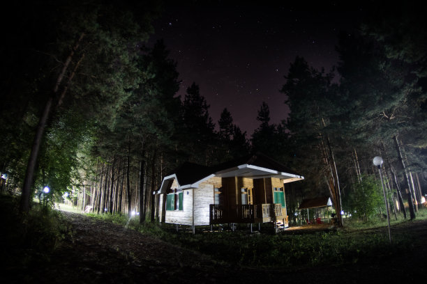 老房子与一个幽灵在森林晚上或废弃的鬼屋在雾。枯树林中神秘的老建筑。夜晚有月亮的树。超现实的灯。万圣节恐怖的概念图片下载
