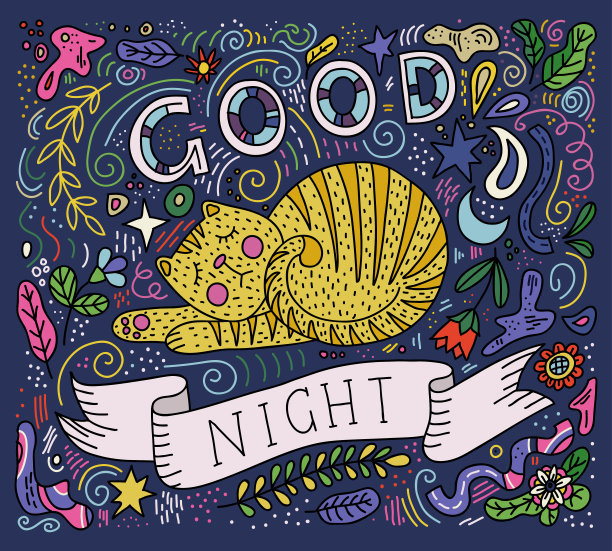 彩色矢量插图手写文字-晚安。睡觉的猫图片下载