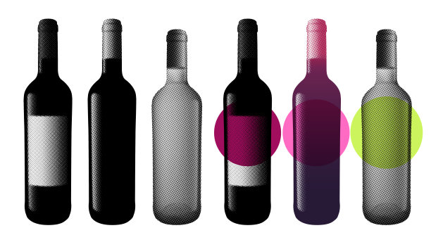 葡萄酒瓶上的圆点图案，复古80年代风格，半色调。用于设计宣传册、海报、请柬或横幅。图片下载