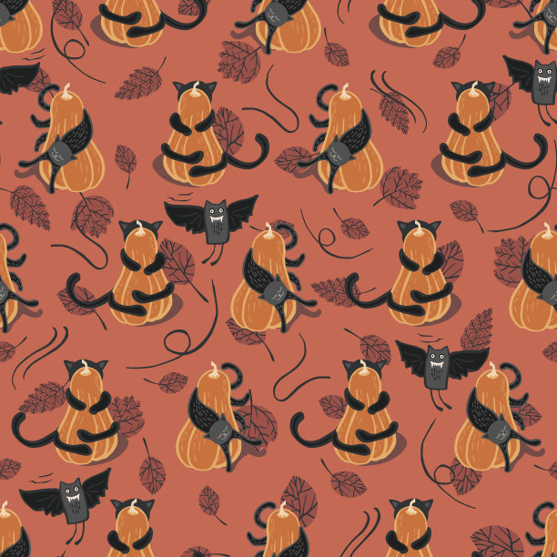无缝万圣节矢量图案与有趣的猫在南瓜和老鼠的织物，墙纸，剪贴簿项目或背景。图片下载