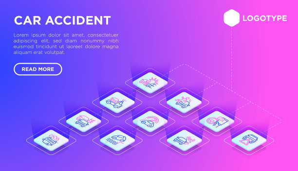 车祸网页模板用细线等距图标:撞车、拖车、酒后驾驶、安全带、交通违章、汽车保险、坠水。现代向量插图。图片下载