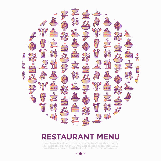 餐厅菜单概念用细线圈出图标:开胃菜、厨师菜、烧烤、汤、牛肉、牛排、饮料、鱼、沙拉、披萨、葡萄酒、海鲜、汉堡。现代矢量插图印刷媒体。图片下载