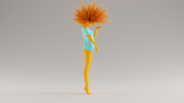 海湾蓝绿松石和橙色女孩拿着她的手与一个糟糕的头发天侧视图图片下载