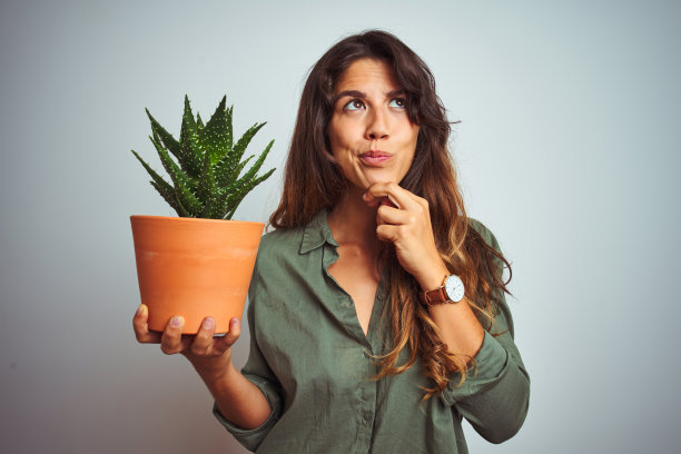 年轻漂亮的女子捧着仙人掌盆子越过白色孤立的背景严肃地面对思考问题，十分困惑的想法图片下载