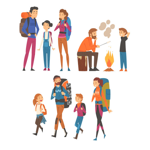 快乐的家庭旅行与背包，母亲，父亲，和孩子徒步到自然，徒步旅行，冒险，活跃的娱乐矢量插图图片下载