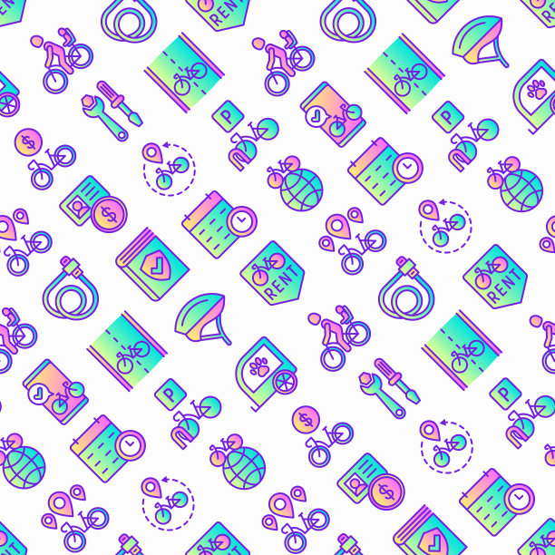 自行车租赁无缝模式，细线图标:费率、自行车旅游、宠物拖车、挂锁、头盔、儿童座椅、共享、指针、押金、手机app、骑行路线。现代向量插图。图片下载