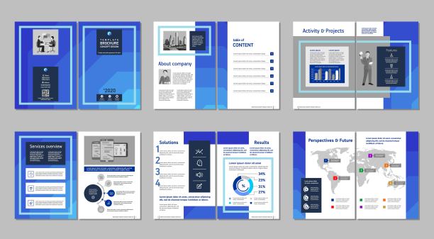 小册子创意设计。多用途模板，包括封面，封底和内页。图片下载