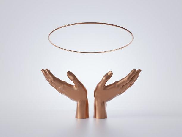 3d渲染，金色的女人模特双手孤立在白色背景上，漂浮的光环，张开的手掌，手持金戒指，圆形的空白框架，抽象时尚，豪华的最小模型，简单干净的设计图片下载