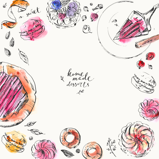 手绘食物和饮料插图方形框架图片下载