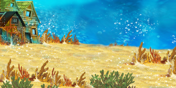 卡通海底或海洋的场景与一些木屋素材图片