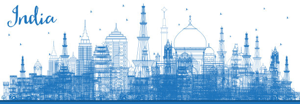 用蓝色建筑勾勒出印度城市的天际线。德里。孟买、班加罗尔、钦奈。图片下载