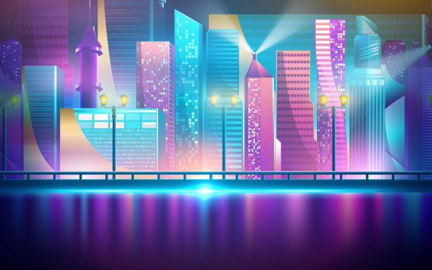 未来主义夜景城市，以明亮霓虹灯为背景的城市景观矢量图素材图片