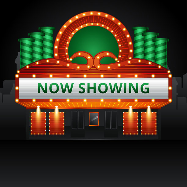电影院剧院建筑外观。电影入口与复古灯光marquee旗帜矢量插图图片下载