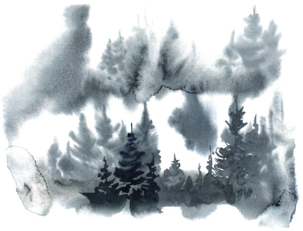 水彩背景以杉木、松树、抽象自然为背景。灰色水彩染色，手绘。带有水彩污点的卡片。森林模板素材图片