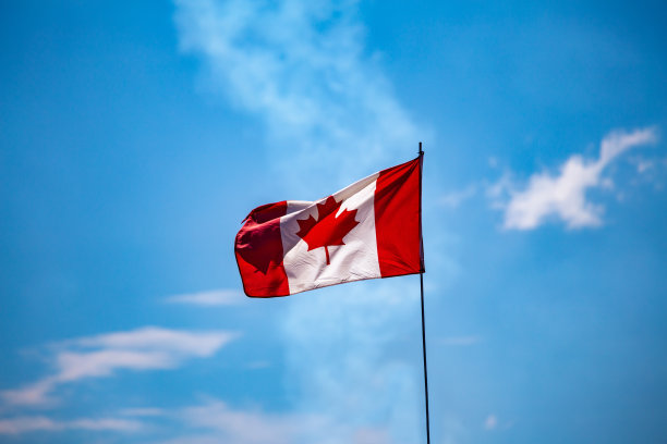 蓝天下飘扬的加拿大国旗图片下载