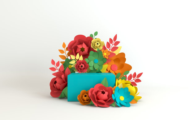 纸花和纸叶框架，讲台平台产品展示。夏季或春季色彩缤纷的背景。剪纸3d渲染模型图片下载