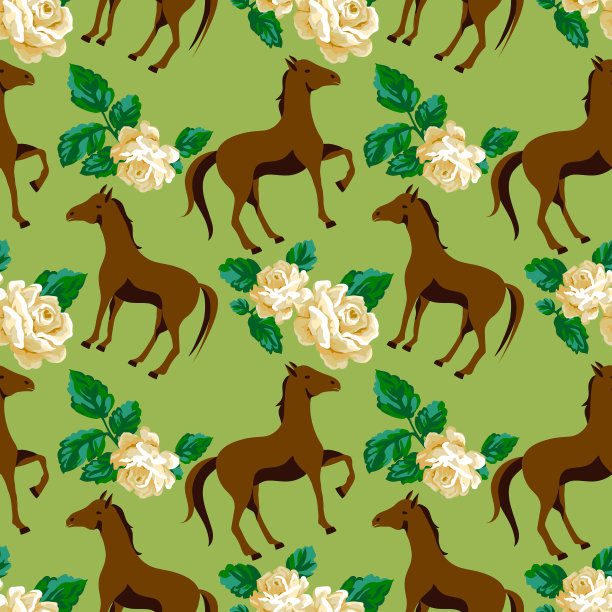 花无缝图案与马和美丽的玫瑰。马矢量打印模式。动物可爱浪漫的图案设计图片下载