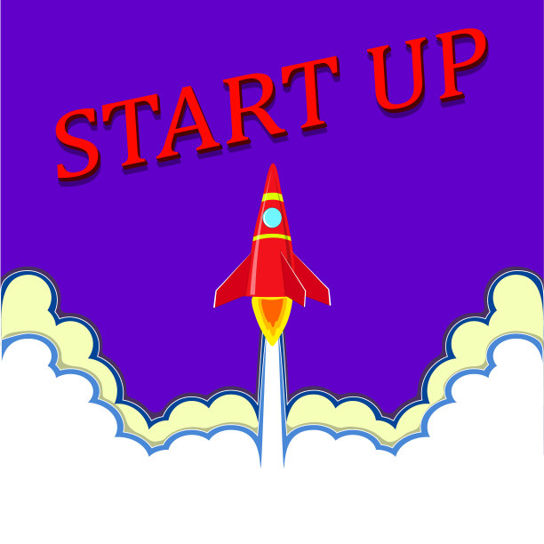创业。火箭飞向星空。红色的字母开始。矢量插图在平面风格。图片下载