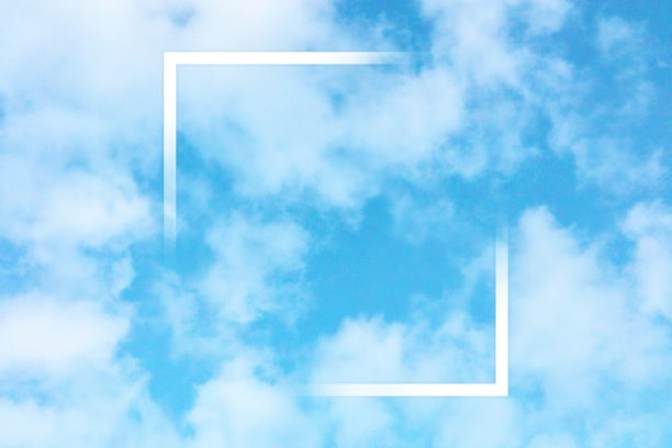 抽象的设计模板，蓝天背景与白云和方形框架，纹理与地方的文本和标志图片下载