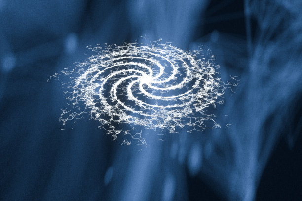 粒子围绕其中心旋转，深色背景，3d渲染。图片下载