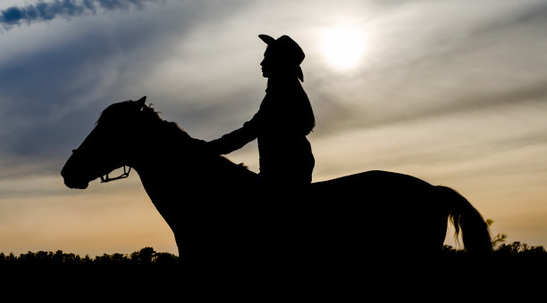 夕阳下的天空中，一个戴着帽子的小女孩骑在马上的剪影图片下载