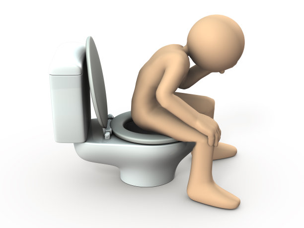 一个在浴室里受苦的角色。他肚子痛。白色背景。3 d演示。图片下载
