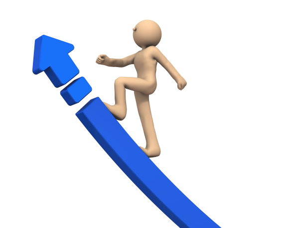 一个骑着上升之箭的人物。他代表成长。白色背景。3 d演示。图片下载