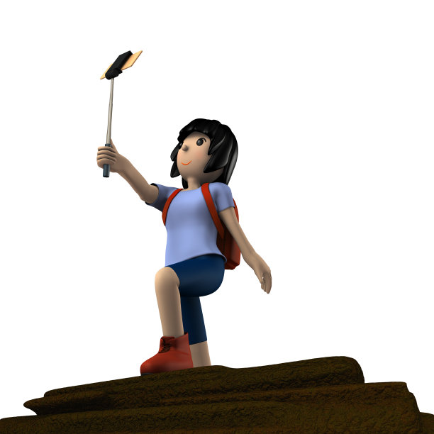 年轻女子喜欢徒步旅行。她在自拍。白色背景。3 d演示。图片下载