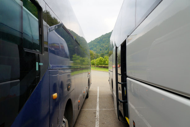 旅游巴士以山和自然为背景。图片下载