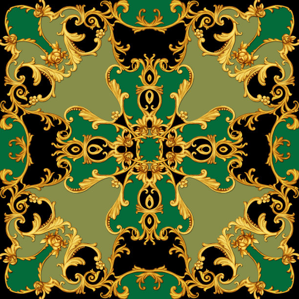 巴洛克风格丝巾设计，金色卷轴和玫瑰图片下载