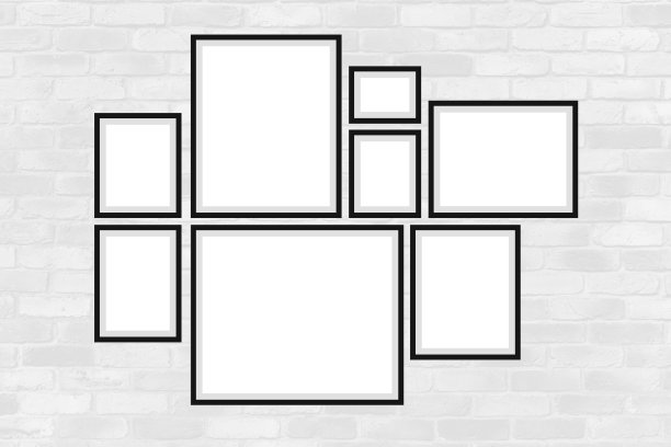 记忆的照片。白砖墙上的一套相框图片下载