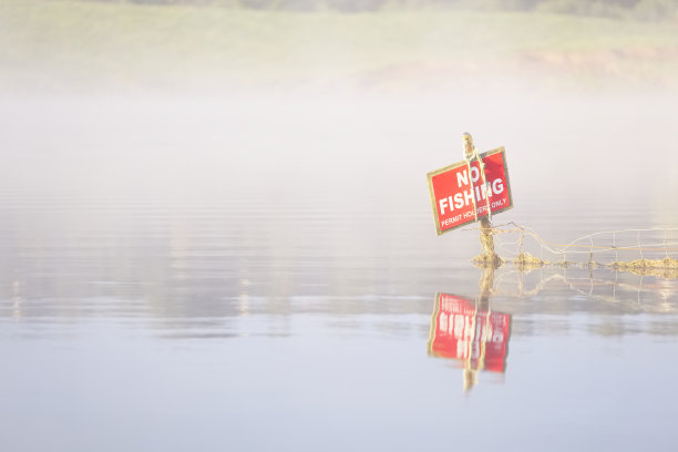 日出时分，湖面上有雾、雾，禁止垂钓图片下载