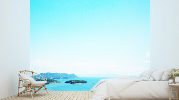 酒店或度假村的卧室和海景-别墅或海滩度假村的卧室设计- 3D渲染图片下载