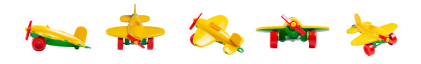 黄色玩具飞机与螺旋桨和起落架隔离在白色背景没有阴影。旅行和飞行的概念。几张照片的拼贴画。图片下载