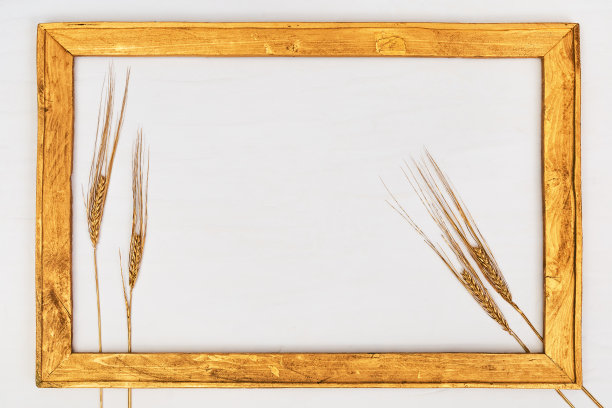 木制的复古金色框架与黑麦小穗木制。丰收的理念。秋创意静物生。最小风格的背景与复制空间。图片下载