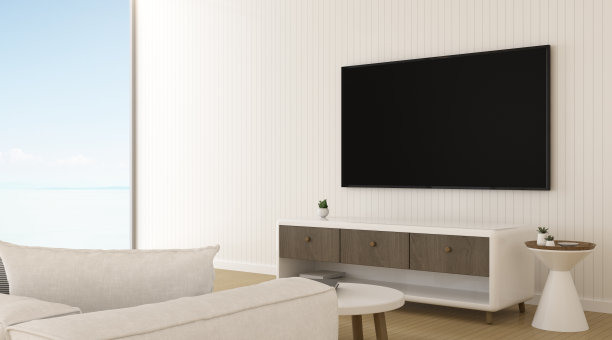 最小的客厅，墙上有电视。室内设计，电视和橱柜，3d渲染。图片下载