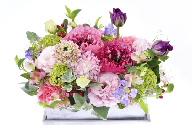 插花:夏洛特、毛茛、郁金香、口水仙、康乃馨、石竹、金丝桃、常青藤、多年生豌豆、黄花图片下载