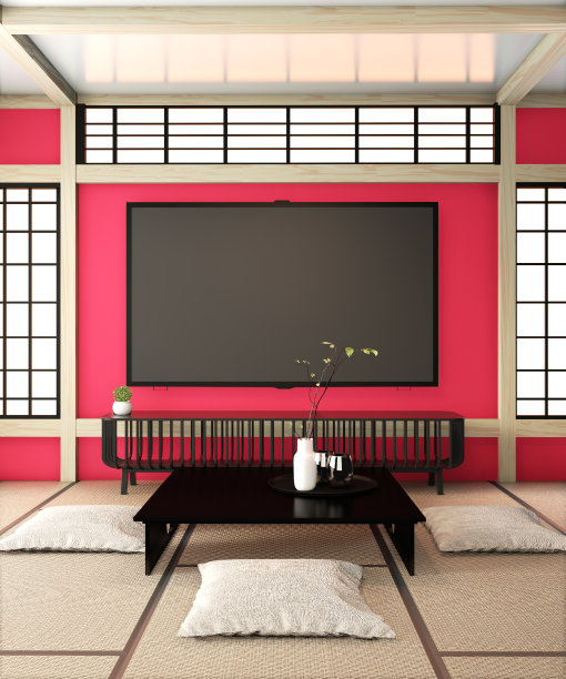 模拟电视室，智能电视在红色墙壁禅意室非常日式风格和榻榻米地板。三维渲染图片下载